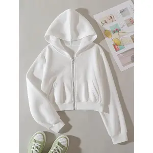 Solid Zip Up Drop Shoulder Thermal Lined Crop Hoodie,Long Sleeve Tops Womenswear Sweatshirts Pullover Minimalist