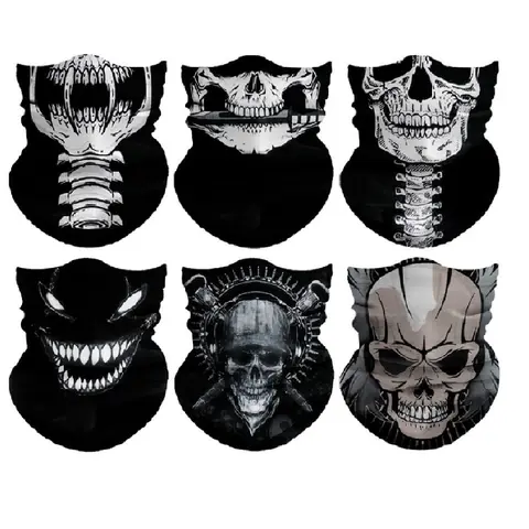 Yeomoo Adult 6-Piece Halloween Skull Motif Fitted Facemask Set - Universal One Size Wind-Resistant Breathable Balaclava Scarf, Elastic Neck-to-Head Bandana, Ideal for Biking, Motorcycle