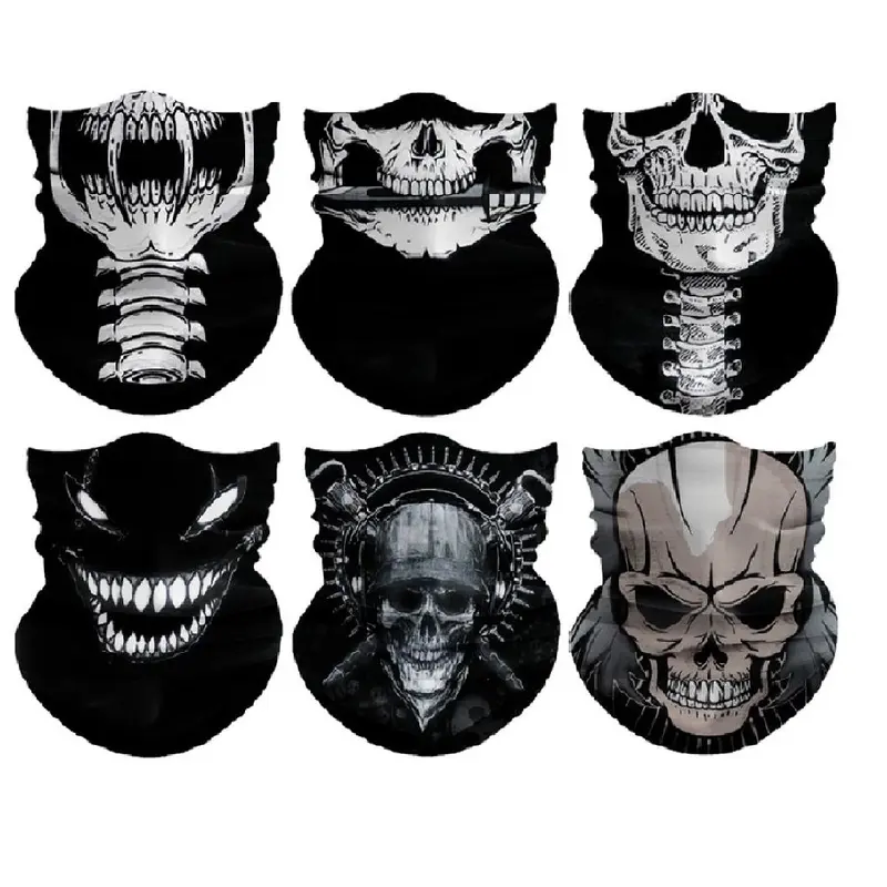 Yeomoo Adult 6-Piece Halloween Skull Motif Fitted Facemask Set - Universal One Size Wind-Resistant Breathable Balaclava Scarf, Elastic Neck-to-Head Bandana, Ideal for Biking, Motorcycle