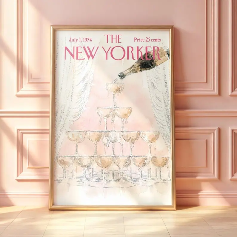 Vintage New Yorker Champagne Poster, Elegant Celebration Wall Art, Luxury Cocktail Print, Wedding Bar Decor, Magazine Cover