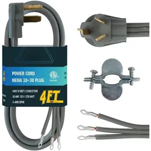 3 Prong Dryer Cord, 4FT 10/3 SRDT, 30 Amp Appliance Extension Power Cord, NEMA 10-30, Gray