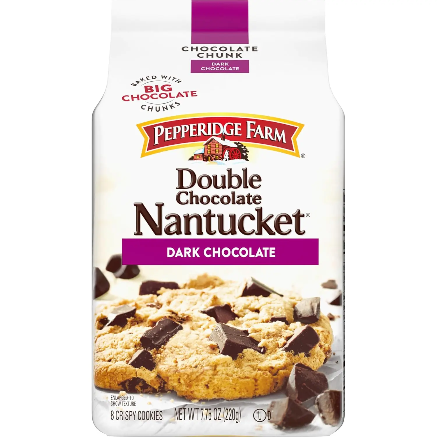 Nantucket Crispy Double Dark Chocolate Chunk Cookies | Gourmet Crunchy Chocolate Cookies | 7.75oz Bag (8 Cookies)