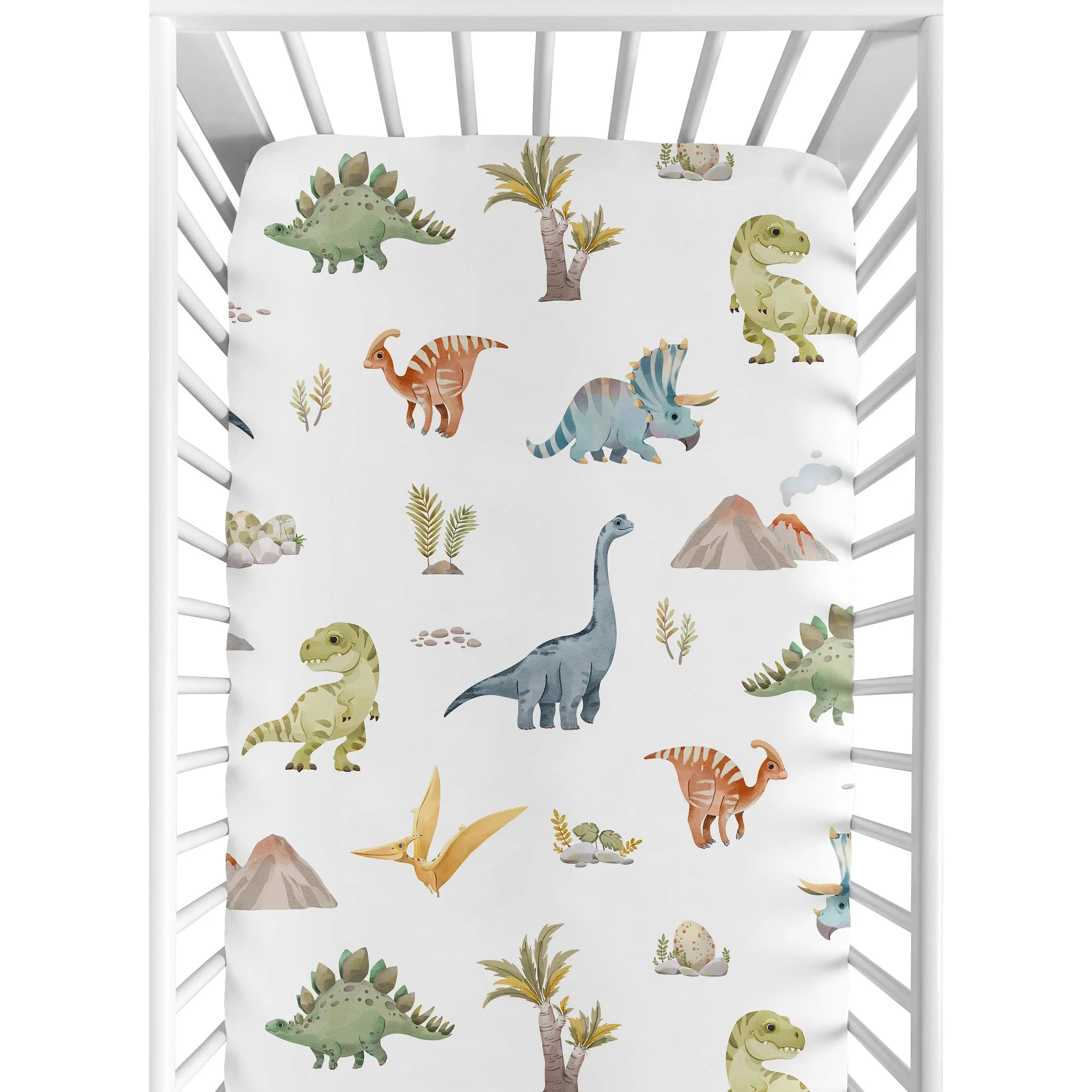 Sweet Jojo Designs Fitted Baby Crib Sheets (Watercolor Dinosaur Dino) for Boys, Infant Nursery, Toddler Room - Standard Size (Modern, Dinosaurs, Jurassic, Nature, Animal, Steel, Green, Blue & White)