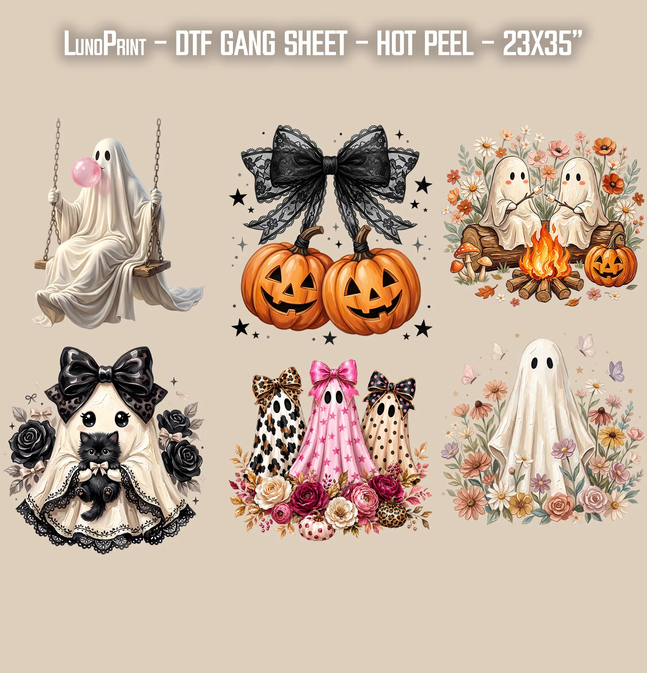 Halloween Ghosts DTF Gang Sheet 23x35 in. Coquette Ready-to-press Heat transfers