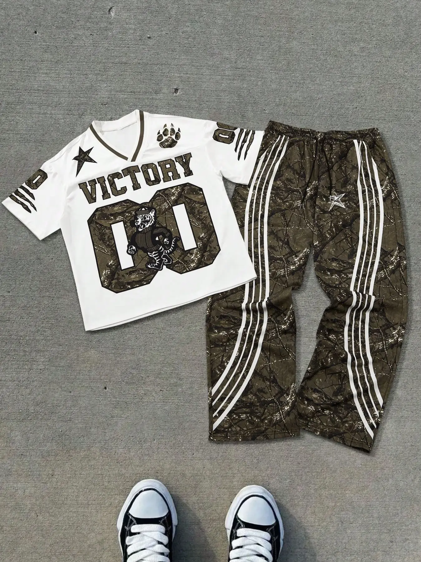 Unisex Tiger Mascot Camo Two-Piece Set, Soccer Jersey + Camouflage Striped Pants, Y2K Retro Streetwear Casual