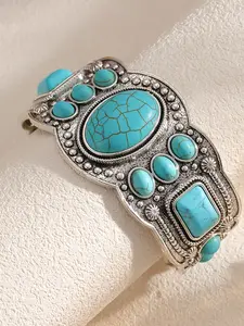 Boho Vintage Turquoise Metal Bracelet, Western Style Faux Turquoise Bracelet for Women, Wide Antique Silver Tone Solid Bangle,Open Design Jewelry,Perfect Decoration for Daily or Music Festival, Stackable Bracelets