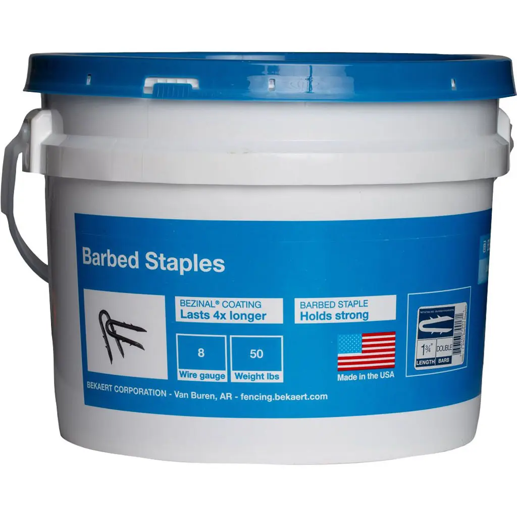 Bekaert 187255 Barbed Type Metal Staples, 1.25 in., 8 Gauge, Bezinal Coating, 50 lbs Bucket Pack