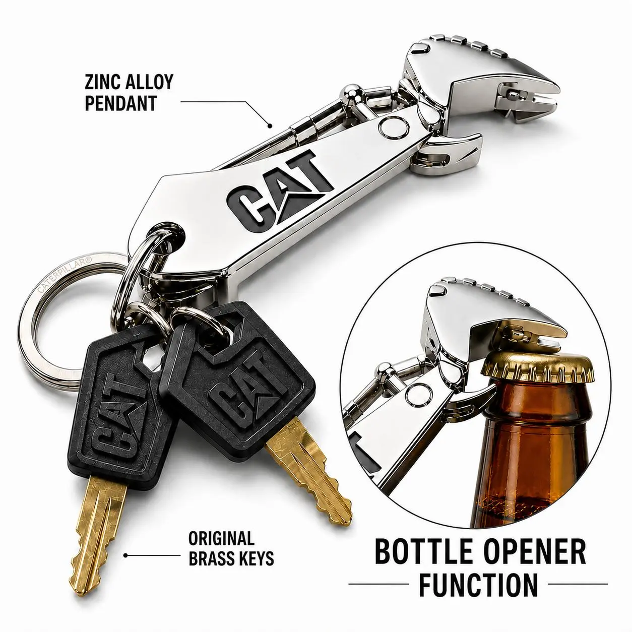 Sturdy Portable Engraved Lightweight CAT Wrench-Shaped Zinc Alloy Multitool Keychain, Equipment with Built-In Beer Bottle Opener, EDC Accessory Gift for Excavator Operators, Heavy Duty Construction Car Key Ring for Men