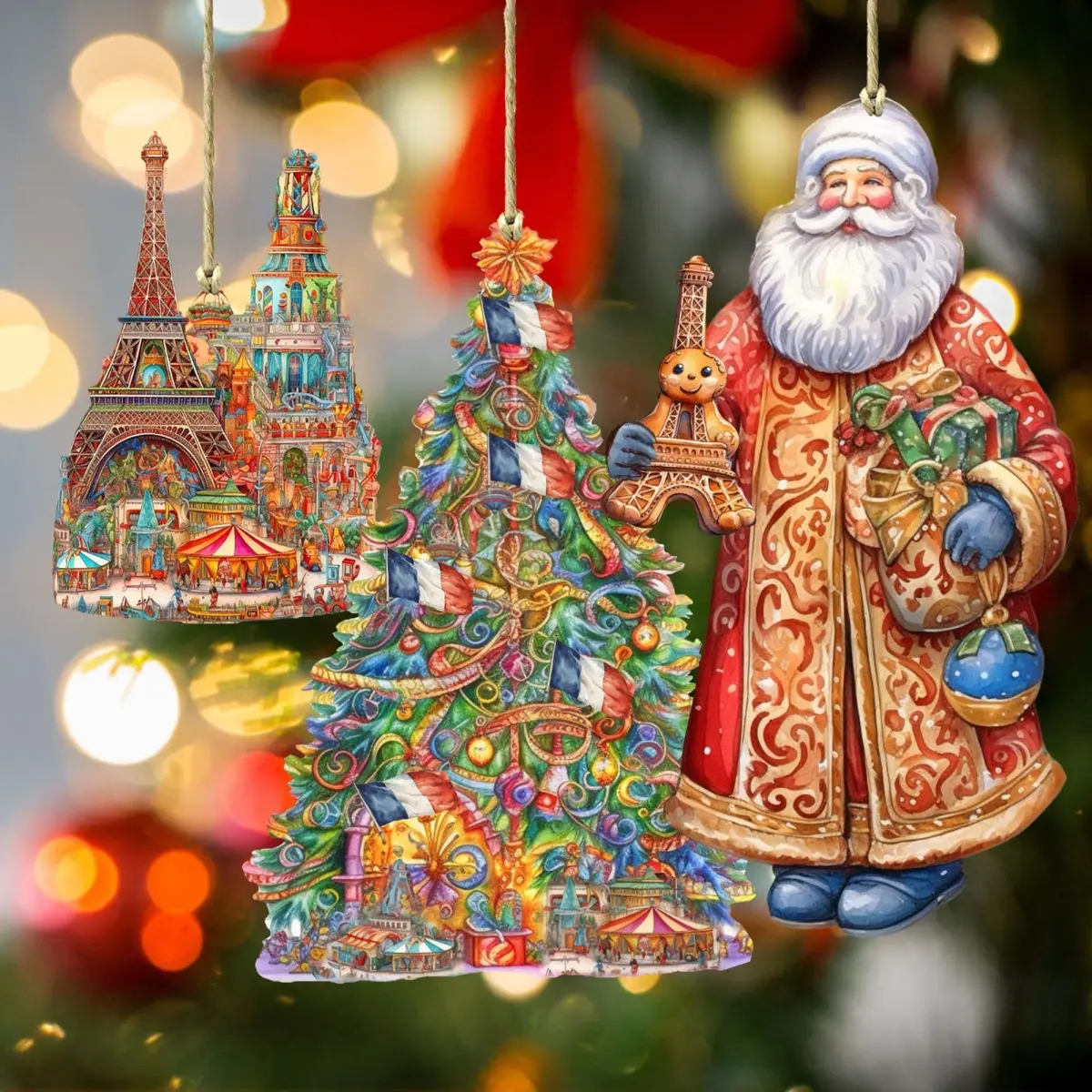 Designocracy 8091303S3 Handcrafted UV-Coated French-Country Santa Global Wooden Christmas Tree Ornaments, 4.5x3 in., Set of 3, Festival Style Christmas Decor, Cultural Icons Holiday Decoration Gift, UV-Resistant, Universal, Gift Bag Compatible
