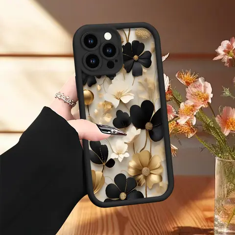 Durable Protective Soft Silicone Cellphone Casing, UV-Printed Black & Golden Flowers Pattern Matte Case with 360-Degree Full Protection, Scratch Resistance & Comfy Grip for iPhone 17 18Pro Max 16 Plus 15 14 13 12 11 X Air E, Birthday Gift for Girls