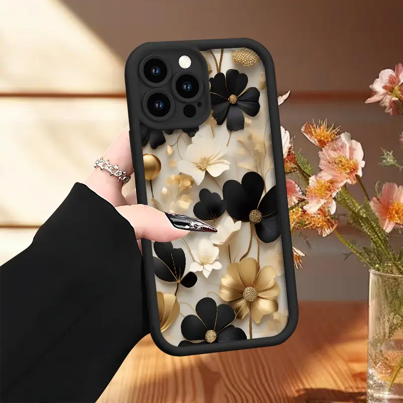 Durable Protective Soft Silicone Cellphone Casing, UV-Printed Black & Golden Flowers Pattern Matte Case with 360-Degree Full Protection, Scratch Resistance & Comfy Grip for iPhone 17 18Pro Max 16 Plus 15 14 13 12 11 X Air E, Birthday Gift for Girls