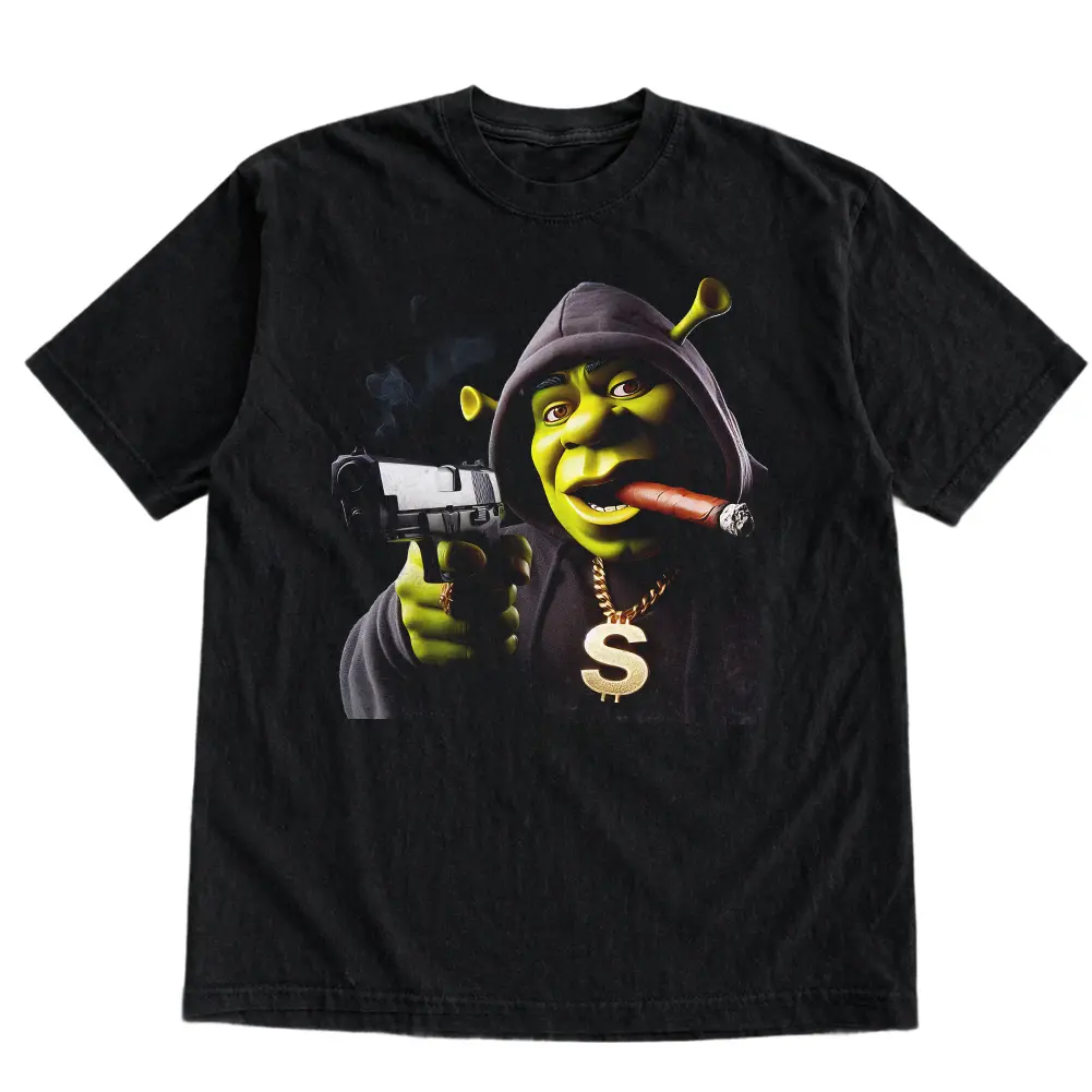Shrek Meme Gangster Graphic Tee, Funny Shrek with G*n Shirt, Retro Shrek Meme Tee, Shrek Smoking Tee, Hip Hop Meme Shirt, Gift for Men, Gift for Women, Crew Neck T-shirt, Trending T-shirt