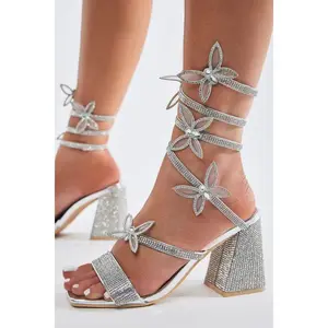 Diamante Chunky Rhinestone Butterfly Detail Wrap Around Heels Adams-07 Wild Diva
