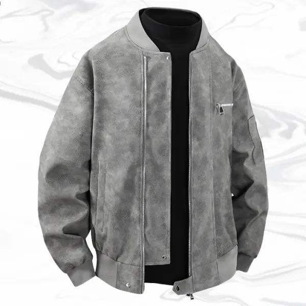 Men's Leather Jacket, Retro Baseball Collar Coat with a Casual Fitted Fit, Long Sleeve Menswear Outerwear, Coats, Tops