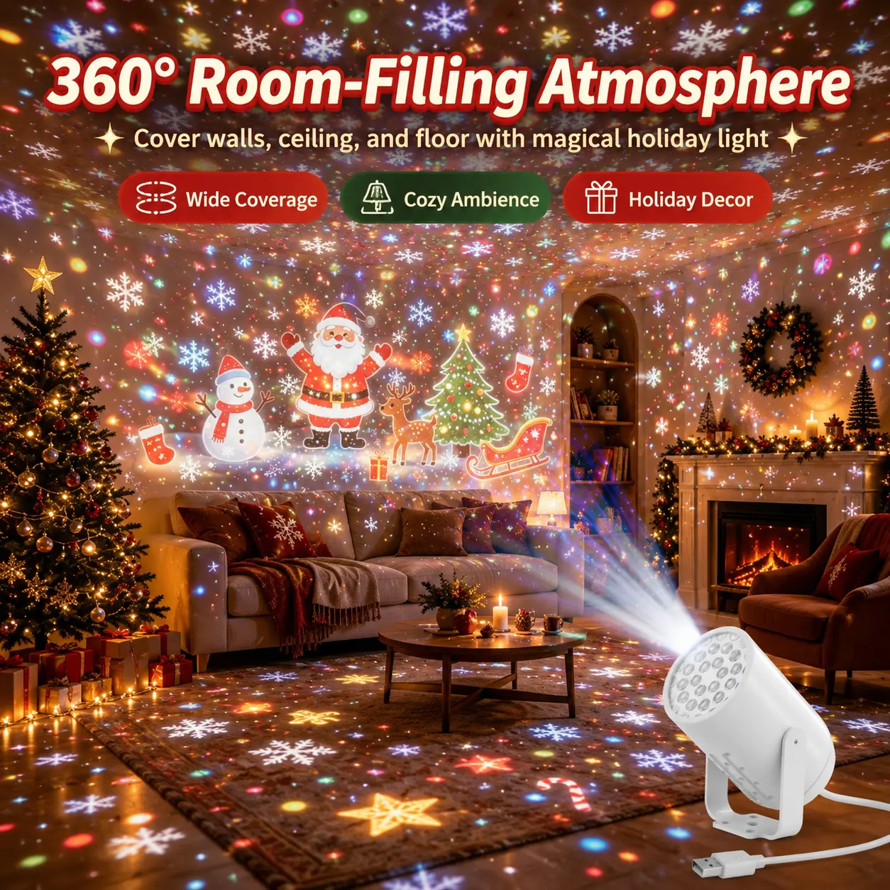 USB Holiday Projection Light - 360° Rotatable with Replaceable Slides, Christmas Halloween Star Pattern Projector for Indoor Party Deco, Christmas Decorations, Lights for Bedroom, Ceiling/Floor Lighting, Playful Novelty Lighting
