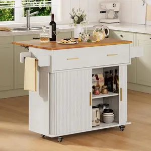 DHH Mid-Century Modern Fluted Convertible Kitchen Island – Multi-Function, Space-Saving, Dual-Purpose, Flexible Dining Table with Power Outlet, Drop Leaf, Rolling Wheels, Tambour Sliding Doors, Spice Rack, Convertible Dining Tables, Dual-Purpose Dining Ta