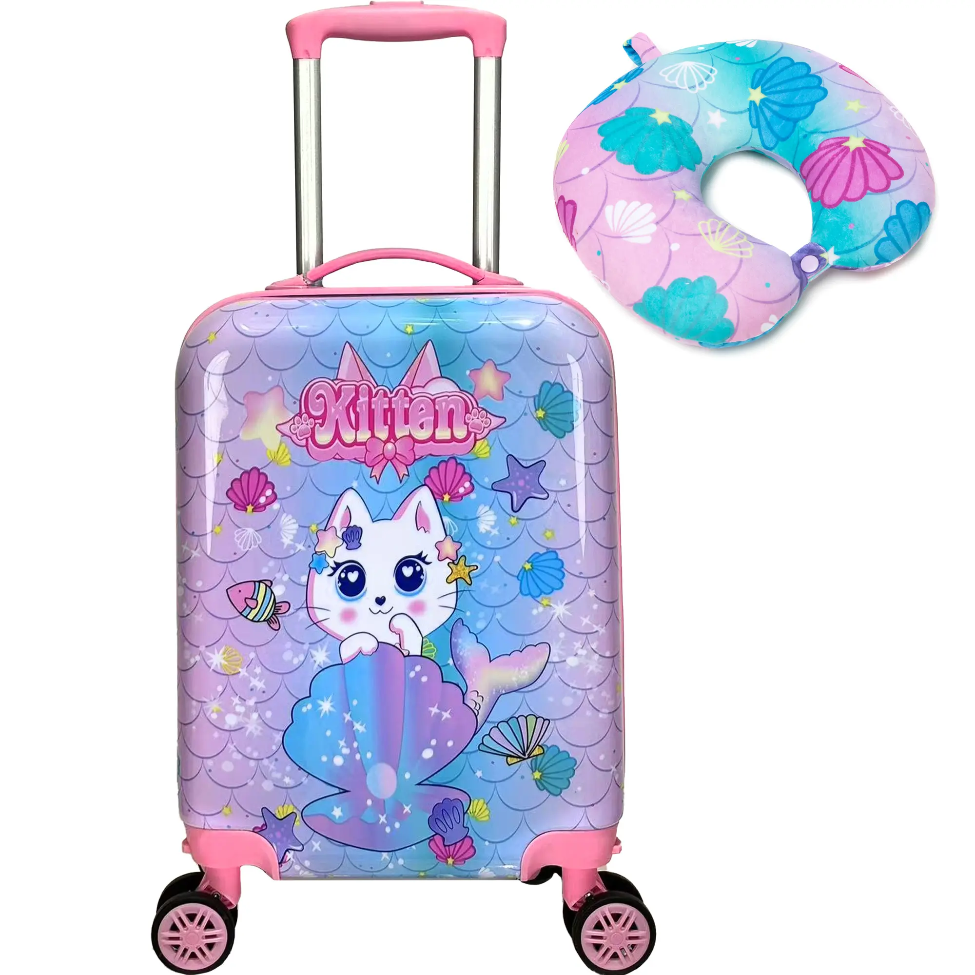 Kids' Hardside Luggage Set, 2-Piece Pink Cat 16-Inch Rolling Trolley and Rainbow Bag with Handle for Travel, Cute Rainbow Bag, Hand Wash Only, For Girls, Abs Plastic, Graphic, Spinner Wheels, Luggage/Trolley Bag
