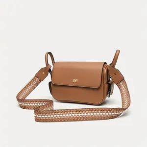 HOUSE OF LITTLEBUNNY White Faux Leather Shoulder Bag with Magnetic Closure and Removable Strap, Lightweight Crossbody Bag with Lace Embellishment and Edge Paint Detail, Brown, Small Crossbody Bag