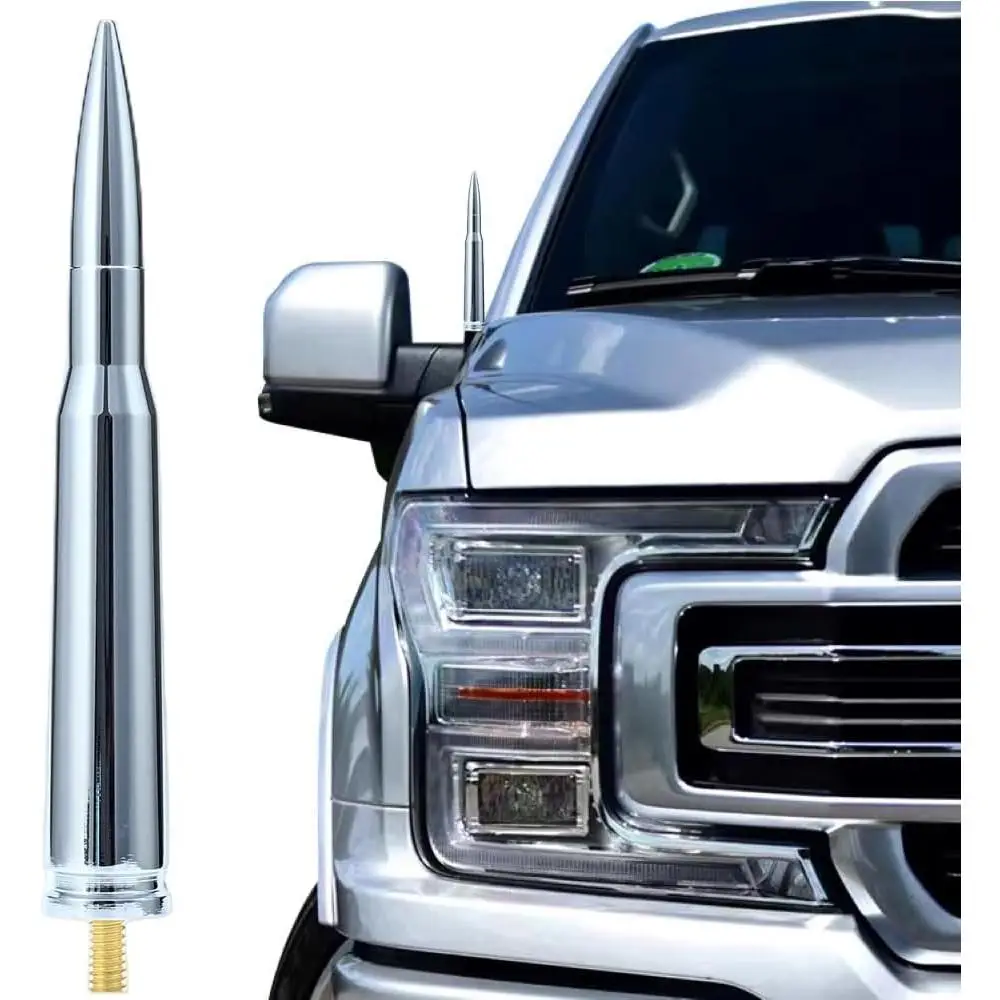 50 Cal Truck Chrome Bullet Antenna Fit for Ford F150 F250 F350 Raptor/Dodge RAM 1500 2500 3500/Chevrolet Silverado & GMC Sierra-Short Replacement Ante