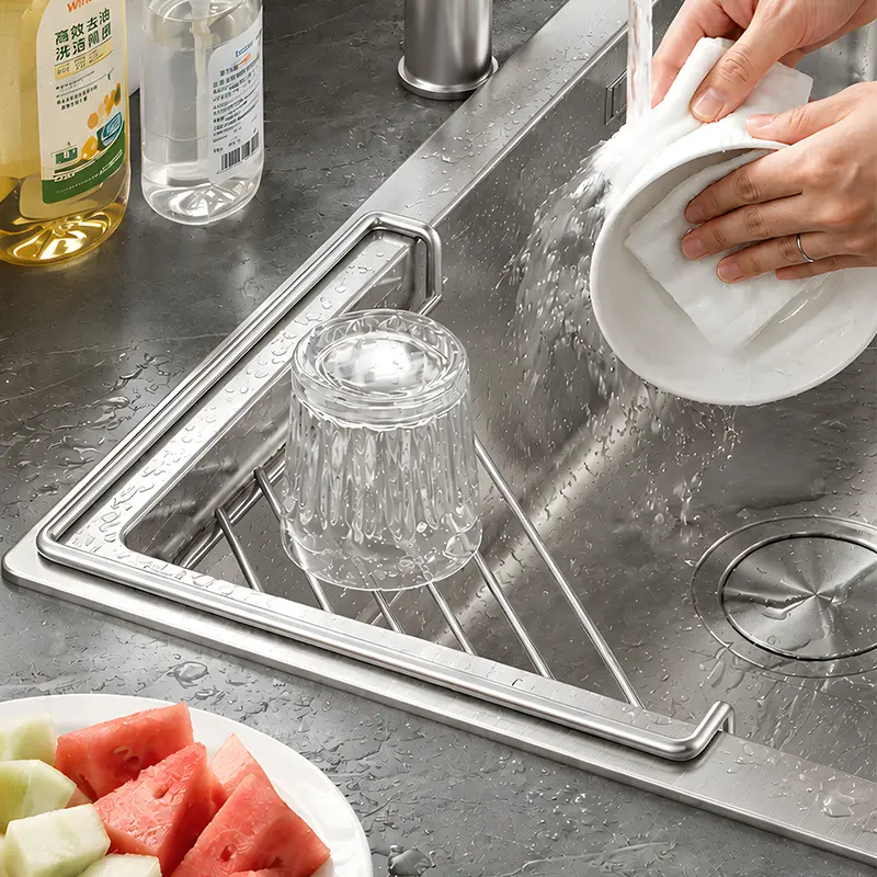 Stainless Steel Corner Sink Shelf with Triangular Open Wire Rack Design, Drainage and Raised Side for Daily Sink Areas Organizer Sponge Holder Cloth Rack Brush Rest Triangular Shelf Open