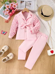 Girls' Autumn Winter New Urban Patchwork Long Sleeve Blazer & Solid Color Pants Casual Two-Piece Set, Kids Fashion, Fine Girls Outfit