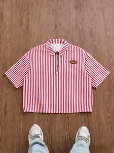 Unisex Striped Half-Zip Fitted Short Polo Shirt, Vintage Street Style, College Wind Top, Label Design, Casual Fashion Blouse, Summer Wear