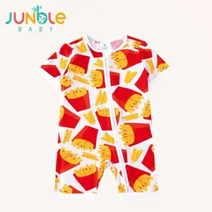 JUNBLEBABY Baby Girl Romper - Stretchy Bamboo Fabric Tight-Fitting Short Sleeve Double Zipper Jumpsuit, Cute Cartoon French Fries Digital Print, Easy Diaper Changes, Machine Washable Summer Outdoor Outfit