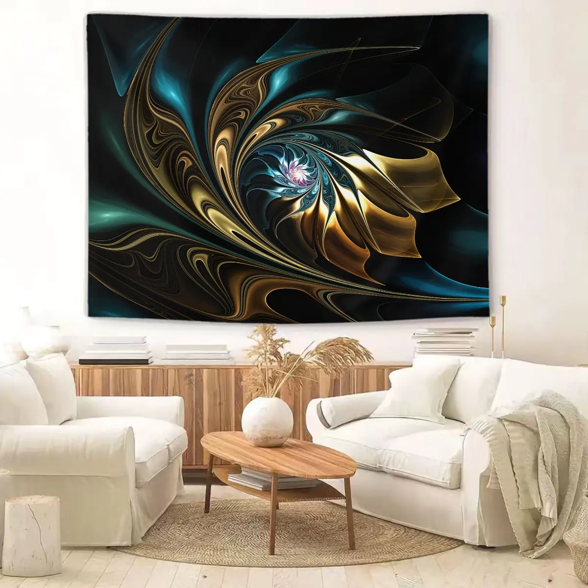 Teal Gold Fractal Swirl Tapestry Wall Hanging, Abstract Marble Tapestries, Aesthetic Wall Blanket, Modern Art Home and Office Backdrop Decor for Bedroom, Cool Living Room Wall Art
