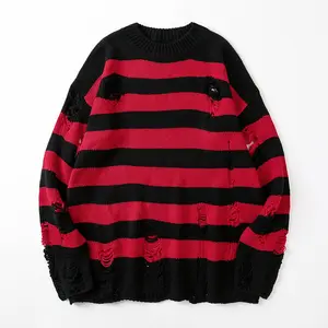 Men's Distressed Striped Sweater - Red & Black, Edgy Fashion, Perfect for Punk Lovers, Medium Size, Bold Contrast Design Casual Jeans