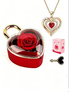 Rose Soap Flower Jewelry Gift Box, Heart Pendant Necklace, Lockbone Chain, Birthday and Valentine's Day Gift for Family or Loved Ones