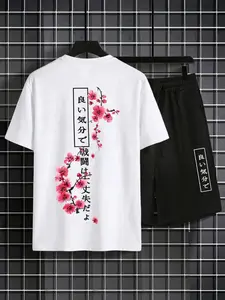 2-Piece Men's Japanese Cherry Blossom Print Outfit, White T-Shirt & Black Shorts, Streetwear Summer Set for Daily Casual Wear