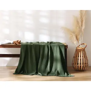 Cotton Muslin Throw Blanket for Bed, Couch, Small, Decorative, Soft, Pre-Washed, Breathable and Lightweight Gauze Blanket with Tassels, Suitable for All Seasons, Olive Green, 50"x60"
