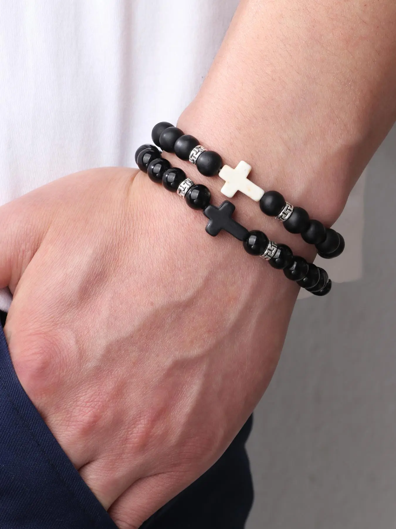 Men's Simple Cross & Bead Design Elastic Beaded Bracelet (2pcs), Fashion Jewelry for Party, Daily Clothing Decor, Trendy All-match & Exquisite Jewelry for Birthday Gift