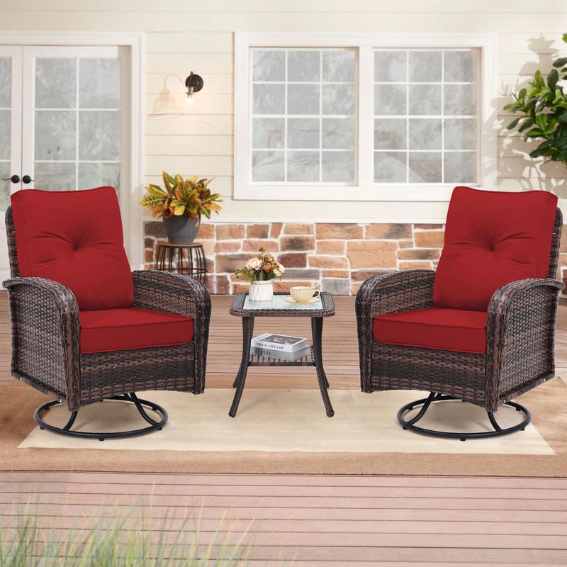 2 Luxury Outdoor Swivel Wicker Glider Patio Chairs with Glass Table Set, Overstuffed Washable Cushions, Ideal for Porch, Balcony, Deck, Grey Rattan and Blue Cushions. wicker  furniture