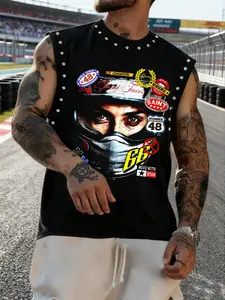 Men's Summer Sleeveless Vest, Racing Champion Print + Stud Design, Fitted Short Top, Unisex Street Style, Graphic Pattern