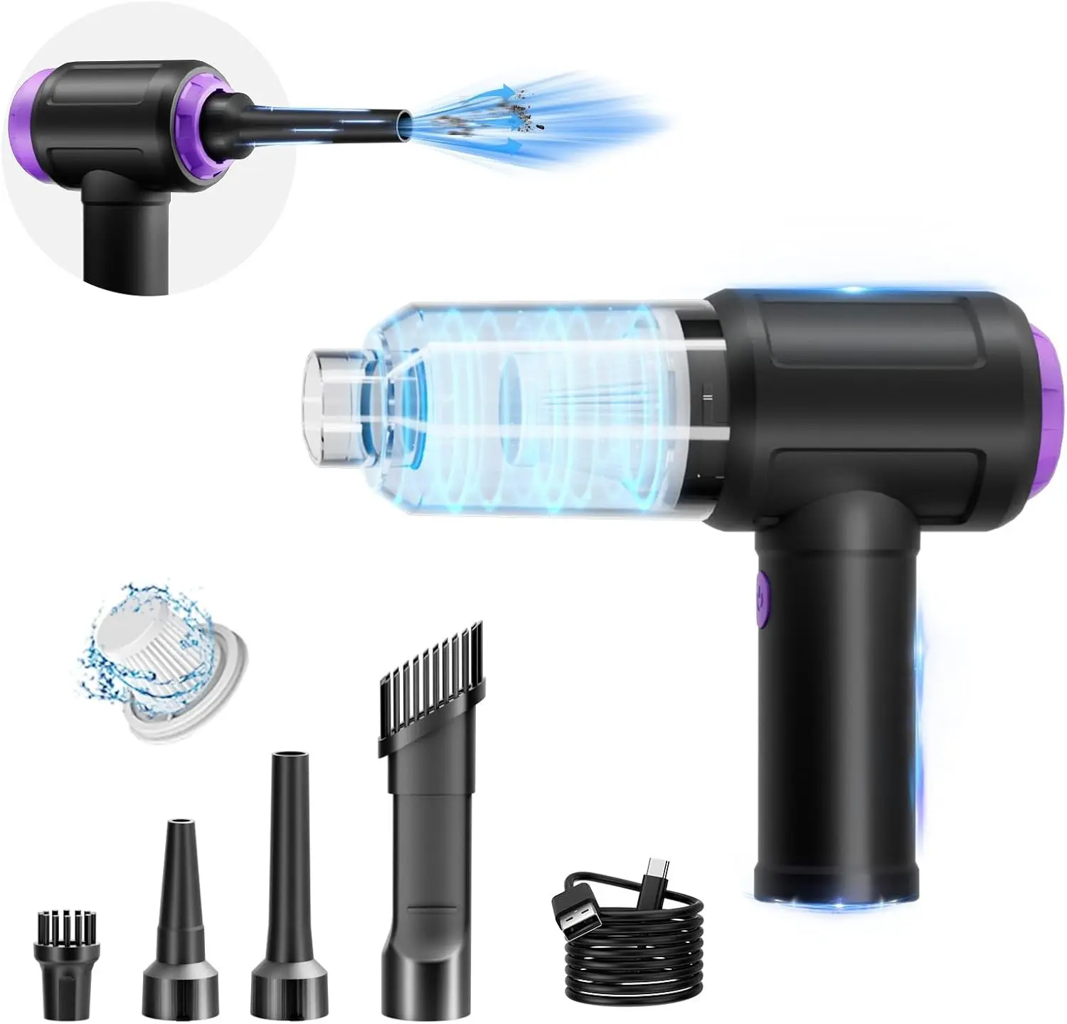 3-in-1 Compact Handheld Cordless Computer Vacuum Cleaner & Electric Air Duster - 14.5KPA, 110000 RPM, USB Rechargeable, Dust Removal Tool for PC Tower & Laptop, Desk Crumbs Cleaner (Replaces Canned Air), 3-In-1 Tool