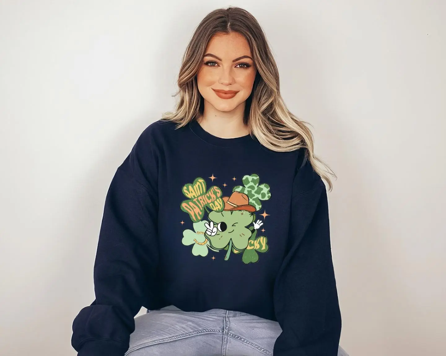 St Patrick's Day Sweater, Lucky Clover, Lucky Vibes, Feeling Lucky, Shamrock, Retro St. Patrick's Day, Western Clover Sweatshirt