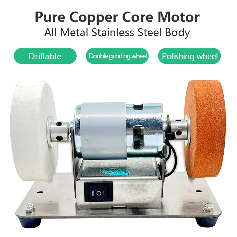 96W Compact Mini Bench Grinder - Electric Benchtop Sharpener with Double Polishing Wheels, Forward/Reverse Switch for Knives, Metal (6.3x3.9x3.9in)