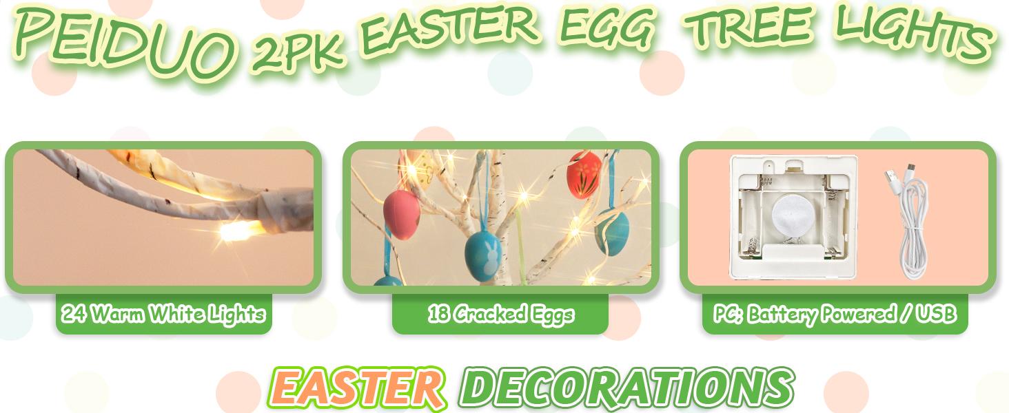 PEIDUO Easter Decorations Lighted White Birch Tree with 18x2 Eggs Ornaments Battery Powered Timer 24 LED Tabletop Centerpiece Spring Home Decor 2 Pack