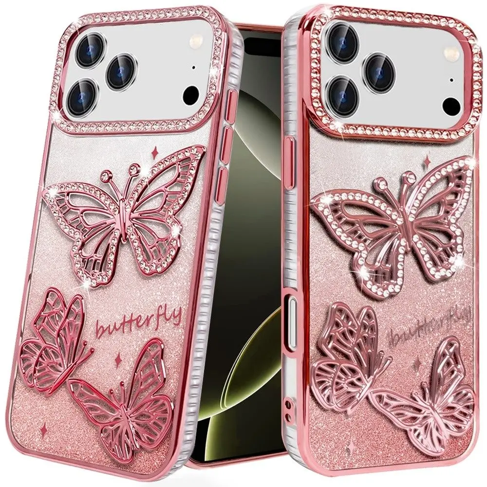 iPhone 17 Pro Max Butterfly Freedom Shimmer Glitter Thick TPU Case Cover with Magnetic Ring Stand for Hands-Free Viewing & Comprehensive Protection