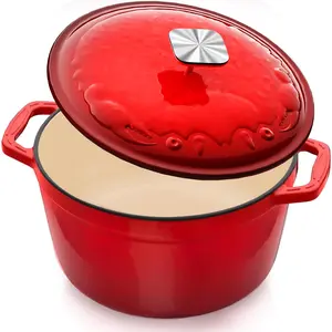 Enameled Cast Iron Dutch Oven - 5 Quart, Exclusive Designed Crab Lid (Patent Pending), Oversized Knob, for Bread Baking Braiser, Cooking Stock Pot - Red