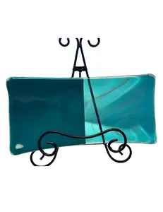 Handmade Turquoise Glass Platter, Rectangular Fused Glass Dish Modern Coastal Decor Tray Unique Serving or Vanity Plate Gift For Mom Glossy