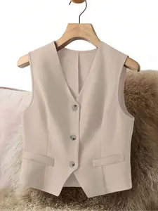 Women's Sleeveless Blazer Jacket, V Neck Button Front Vest Coat, Fashion Minimalist Casual Outerwear for All Seasons, Fitted Style