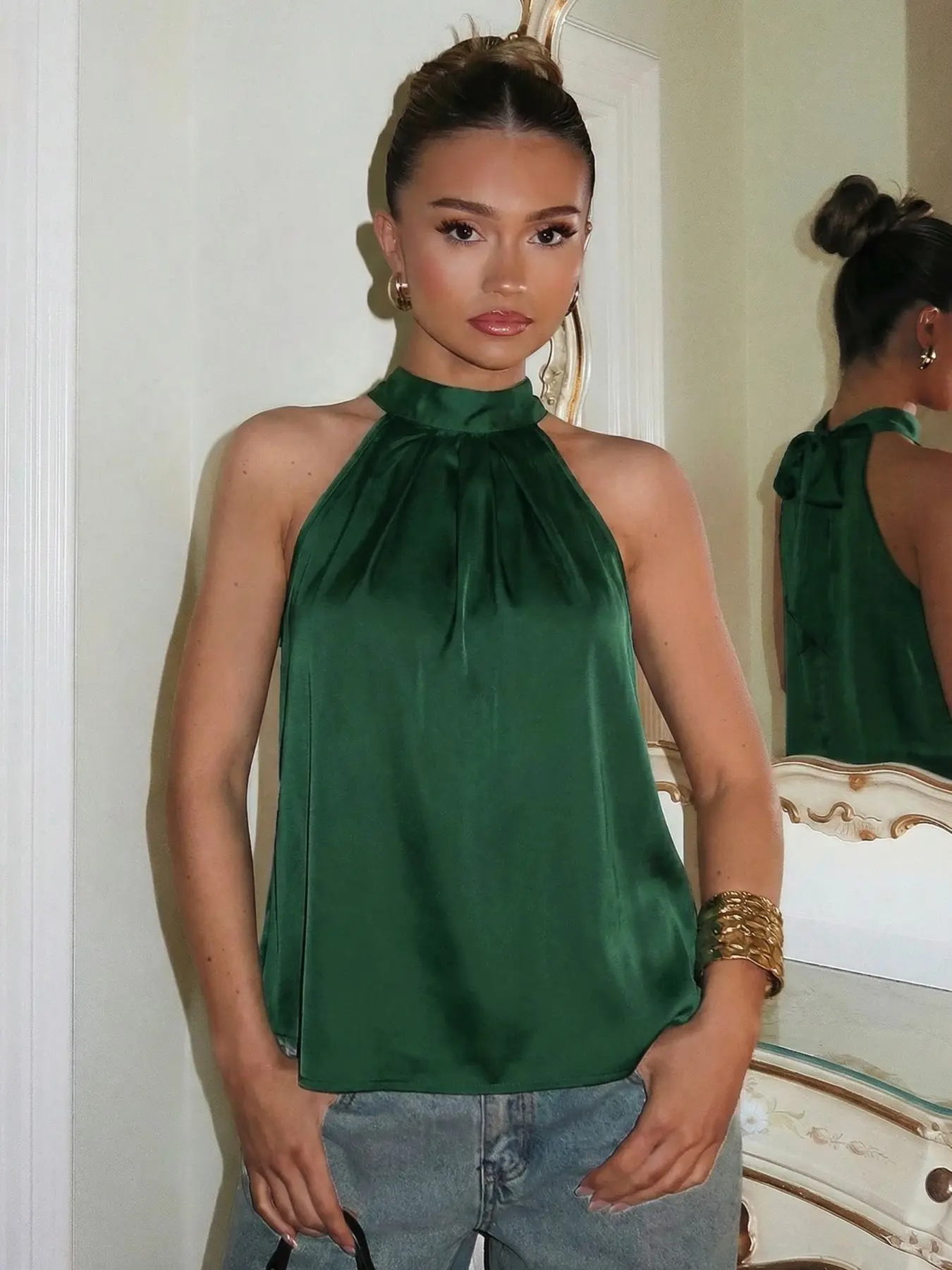 Women's Sexy Backless Sleeveless Loose Basic Top, Tie-Back Satin Backless Top, Smooth Texture, Comfortable Fabric, All Seasons Versatile Casual Elegant Sleeveless Style, Halter Neck