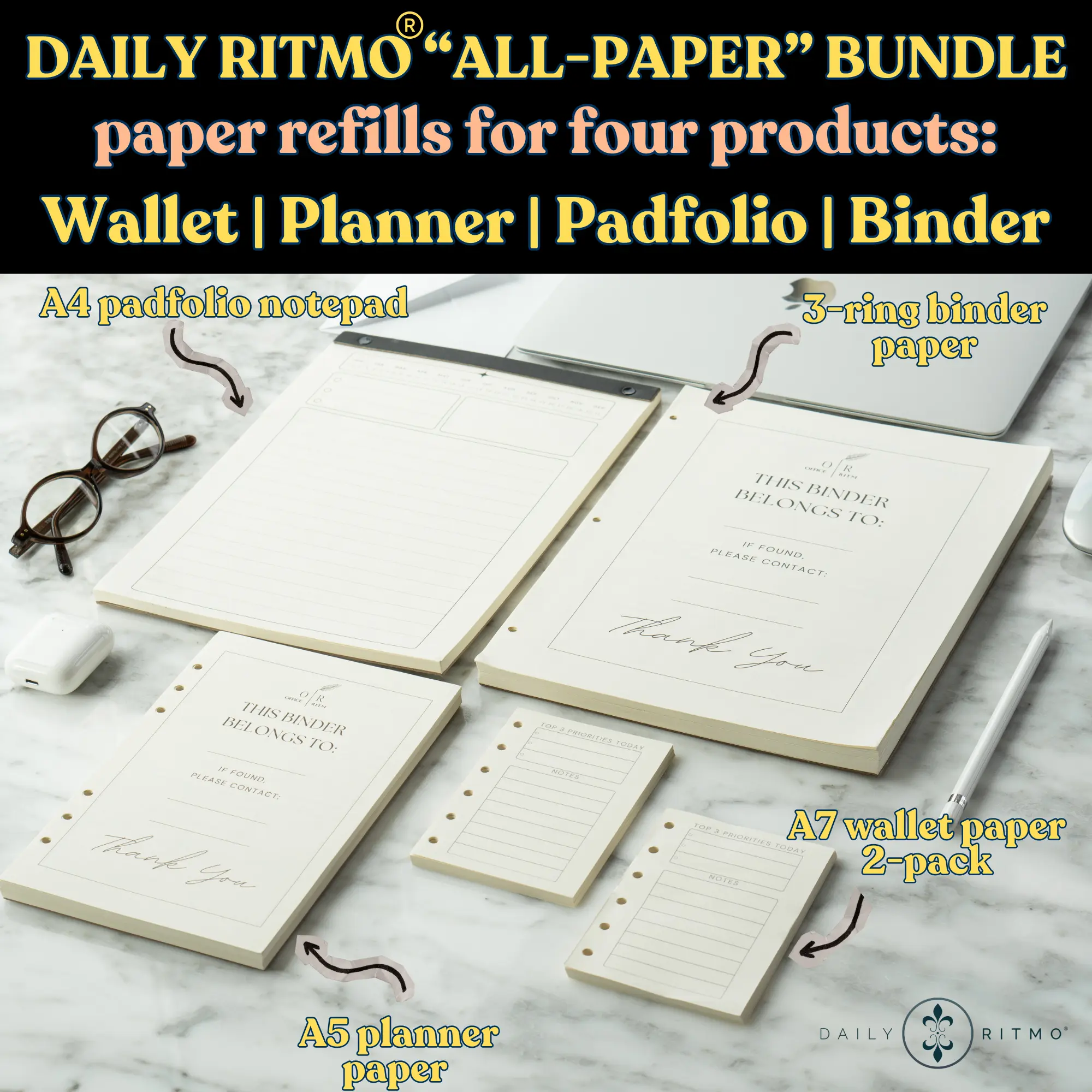 DAILY RITMO "ALL PAPER" Bundle | All Paper Refills for A7 Wallet, A5 Planner, A4 Padfolio & 3-Ring Binder