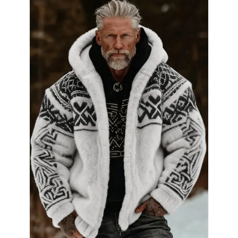 Men’s Viking Celtic Knot Tribal Graphic Print Flannel Hooded Jacket, Warm Full Zip Winter Norse Outerwear for Men The inside lining is solid white fleece, contrasting nicely with the patterned outer shell.