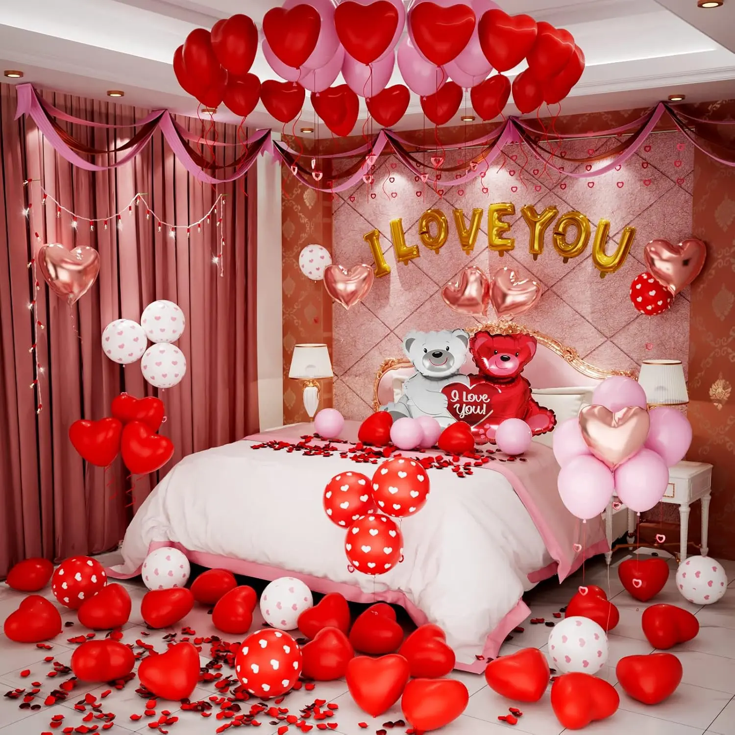 Valentines Balloons Kit with I Love You Balloons Heart Balloon Bear Balloon Pink Balloons 1000pcs Rose Petals for Valentines Decorations Anniversary Proposal Romantic Decorations Special Night