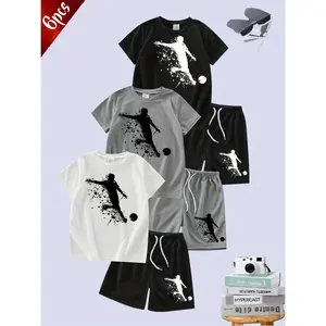 Boys' 6pcs Quick-Dry Football Print Sportswear Set - Short Sleeve, Sweat-Wicking, Breathable Polyester, Round Neck, Ideal for Summer Outdoor Activities, Perfect for Outdoor
