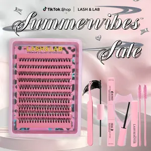 Lash&Lab  Puffsilk Soft Lash Clusters Kit – Waterproof Long-Lasting Individual Eyelash Extensions with Ultra-Thin Band, Bond & Seal & Remover & Tweezers & 2Brushes & Applicator, Beginner Friendly DIY Makeup Lashes for Girls