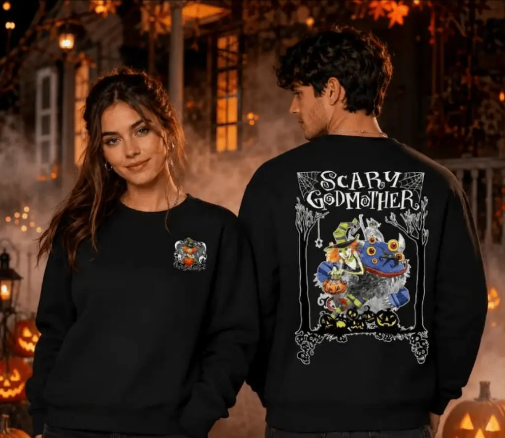Scary Godmother Halloween Sweatshirt, Vintage Spooky Cartoon Crewneck, Double-Sided Pumpkin Graphic Shirt, Halloween Gift for Her and Him